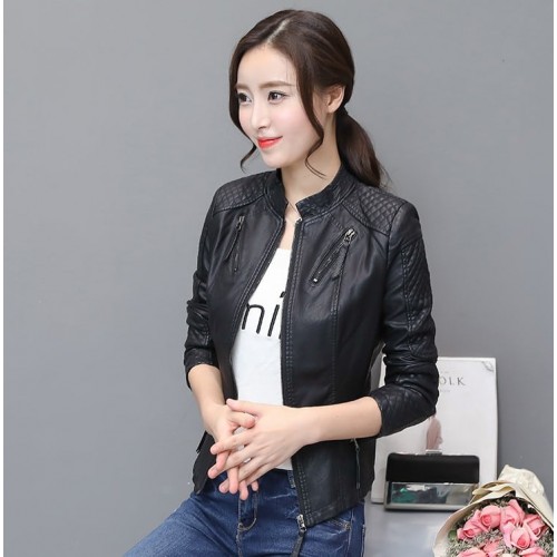 Long Sleeve Streetwear PU Leather Ladies Jacket - Black image