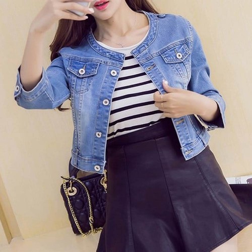 Crew Neck Vintage Denim Ladies Jacket - Light Blue image