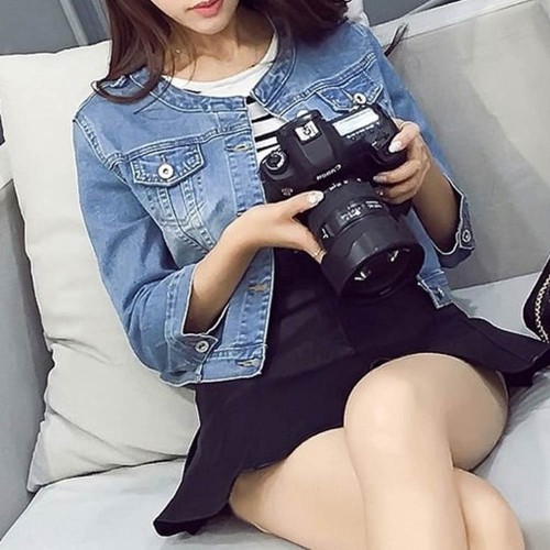 Crew Neck Vintage Denim Ladies Jacket - Light Blue image