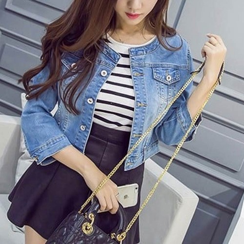 Crew Neck Vintage Denim Ladies Jacket - Light Blue image