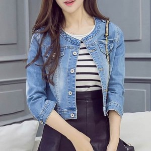 Crew Neck Vintage Denim Ladies Jacket - Light Blue