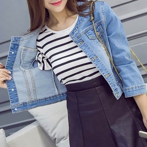 Crew Neck Vintage Denim Ladies Jacket - Light Blue image
