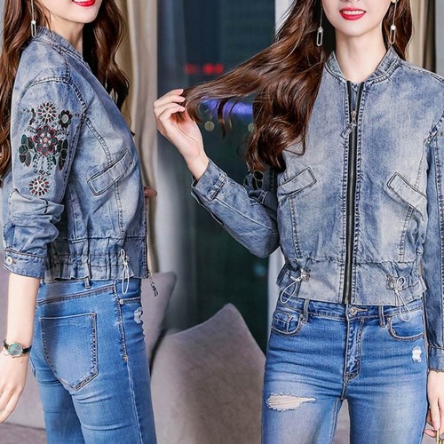 Embroidry Floral Design Ladies Denim Jacket - Blue image