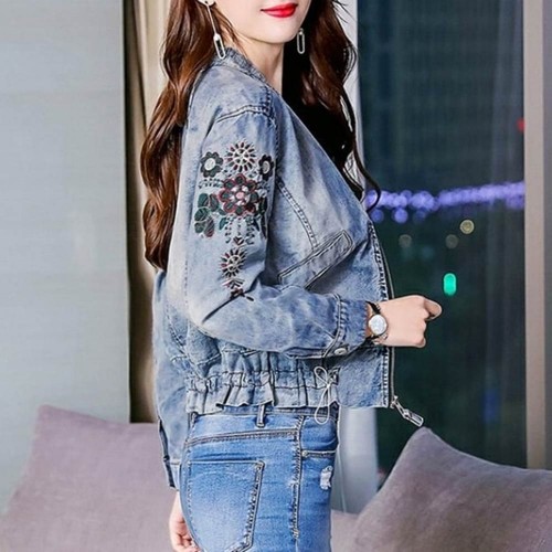 Embroidry Floral Design Ladies Denim Jacket - Blue image
