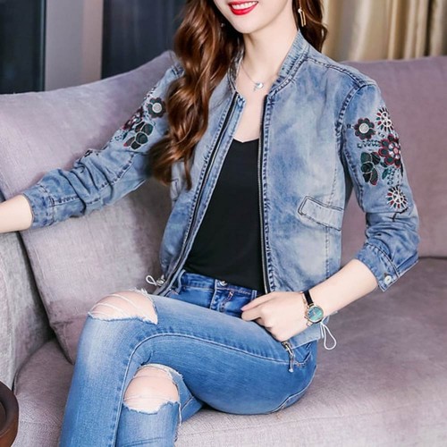 Embroidry Floral Design Ladies Denim Jacket - Blue image
