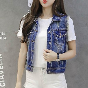 Women Sleeveless Blue Fit Denim Jacket - Blue