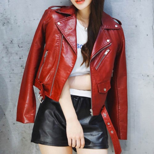 Elegent Bright Color Casual PU Leather Jacket - Red image