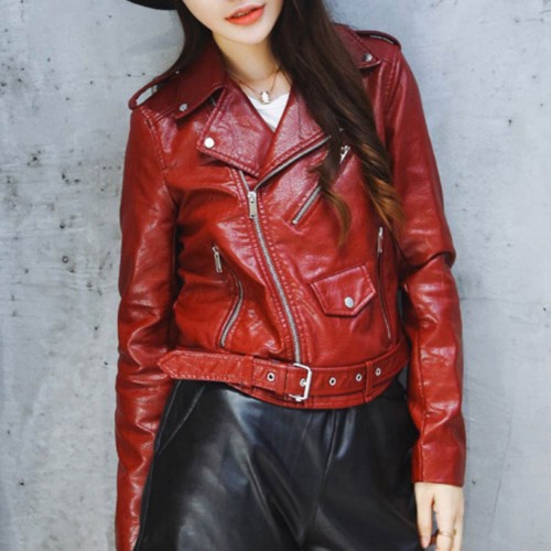 Elegent Bright Color Casual PU Leather Jacket - Red image