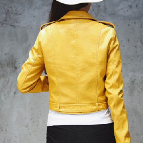 Elegent Bright Color Casual PU Leather Jacket - Yellow image