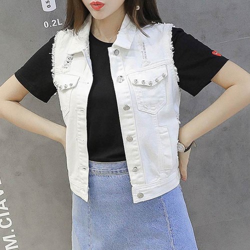 Women Sleeveless Blue Fit Denim Jacket - White image