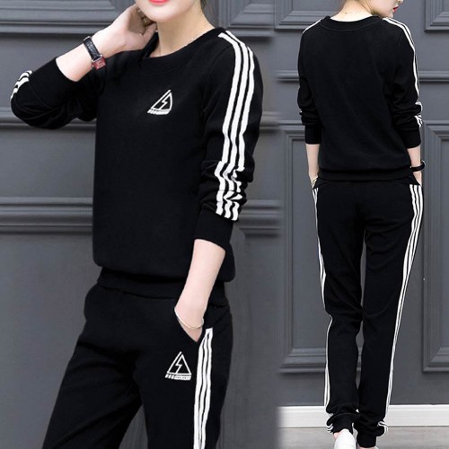 Stripe Contrast 2Pcs Sweater Pants Track Suit -Black image