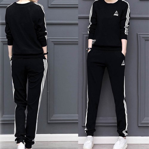 Stripe Contrast 2Pcs Sweater Pants Track Suit -Black image