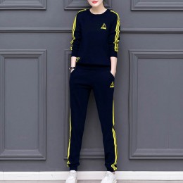 Stripe Contrast 2Pcs Sweater Pants Track Suit -Blue