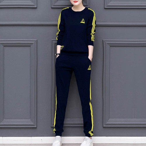 Stripe Contrast 2Pcs Sweater Pants Track Suit -Blue image