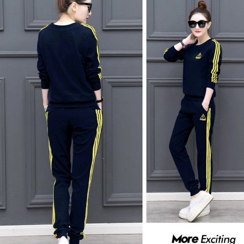 Stripe Contrast 2Pcs Sweater Pants Track Suit -Blue image