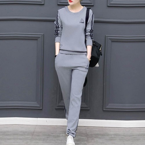 Stripe Contrast 2Pcs Sweater Pants Track Suit -Grey image