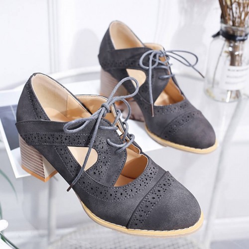 Mid Heeled Breathable Laces Up Leather Women Shoes - Grey image
