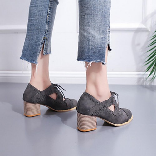 Mid Heeled Breathable Laces Up Leather Women Shoes - Grey image