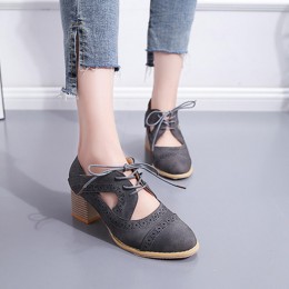 Mid Heeled Breathable Laces Up Leather Women Shoes - Grey
