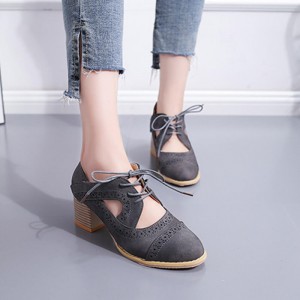 Mid Heeled Breathable Laces Up Leather Women Shoes - Grey