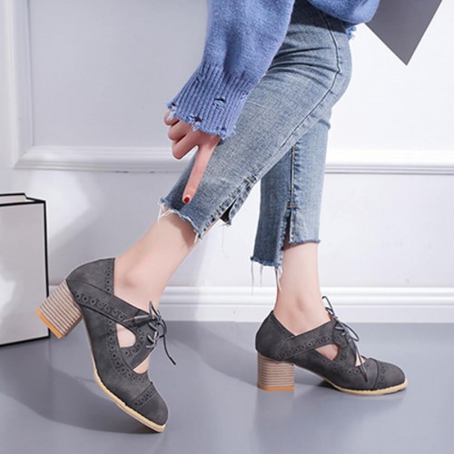 Mid Heeled Breathable Laces Up Leather Women Shoes - Grey image