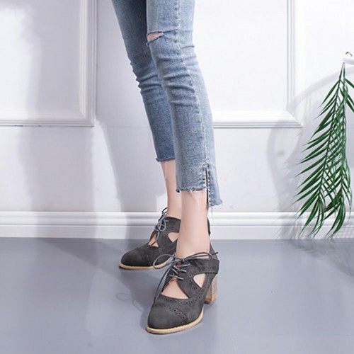 Mid Heeled Breathable Laces Up Leather Women Shoes - Grey image