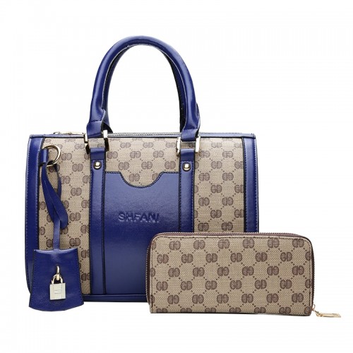 Designer Pattern Contrast Two Piece Handbag Set - Blue image