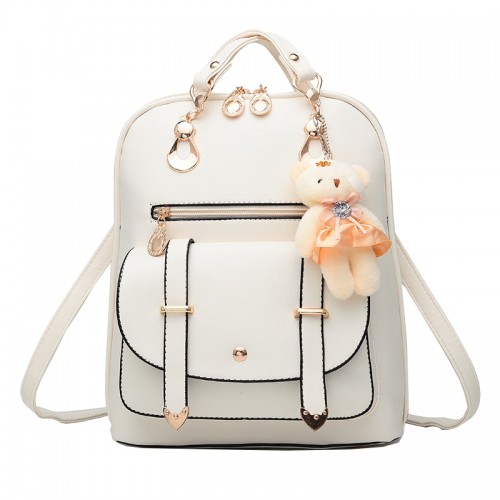 Teddy Bear Hanging Stylish Leather Backpack - Cream image