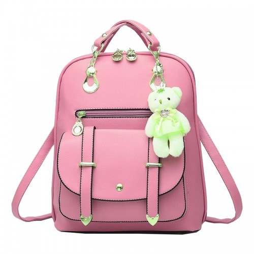 Teddy Bear Hanging Stylish Leather Backpack - Pink image