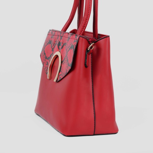 Snake Pattern Zip Closure Tote Shoulder Handbag - Red image
