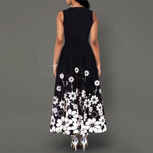 Round Neck Floral printed Long Sleeves Maxi Dress - Black