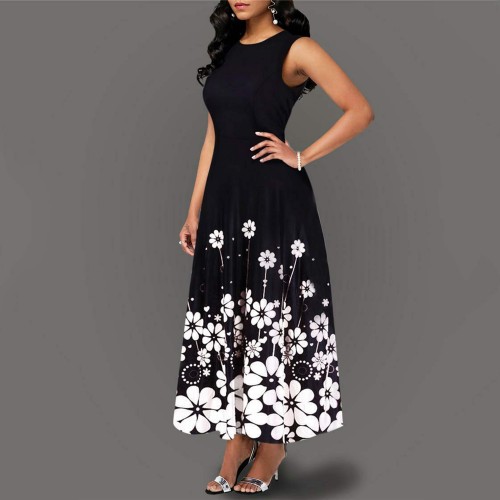 Round Neck Floral printed Long Sleeves Maxi Dress - Black