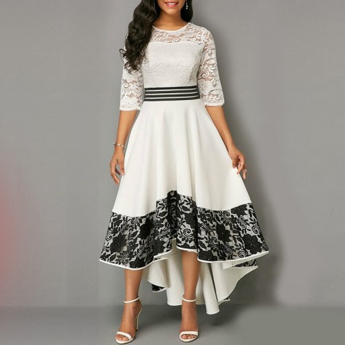 Women Vintage Hollow White Lace Panel Party Dress 