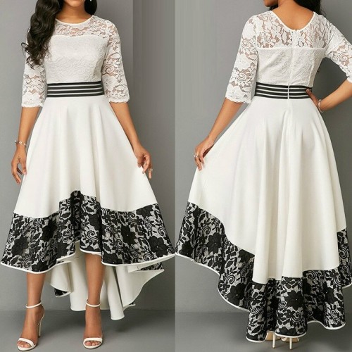Women Vintage Hollow White Lace Panel Party Dress 
