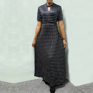 Short Sleeved Polka Dot Long Maxi Dress-Black