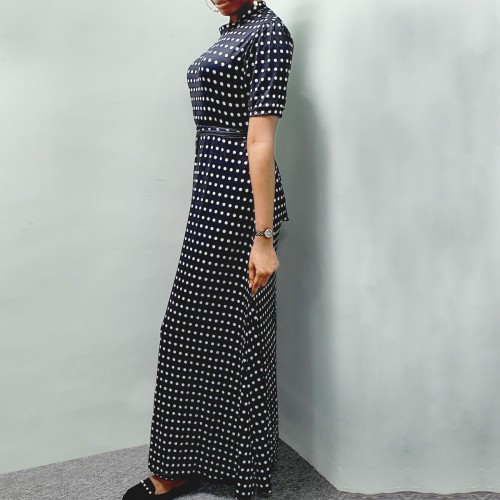 Short Sleeved Polka Dot Long Maxi Dress-Black |image
