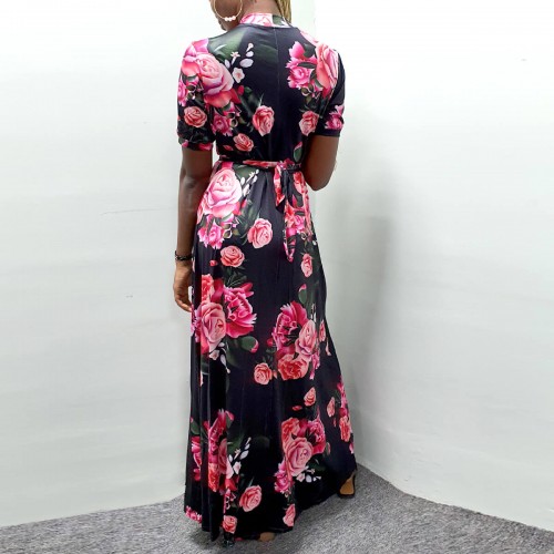 Elegant Floral print short sleeved Maxi Dress-Black image