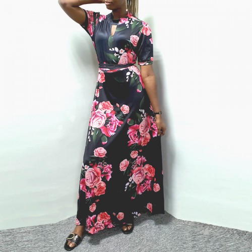 Elegant Floral print short sleeved Maxi Dress-Black image