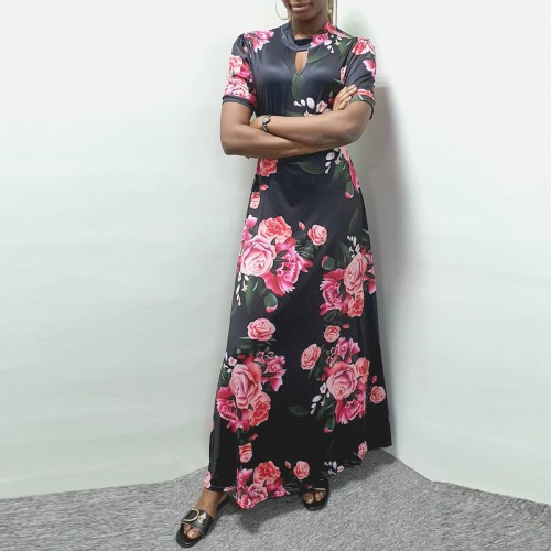 Elegant Floral print short sleeved Maxi Dress-Black image