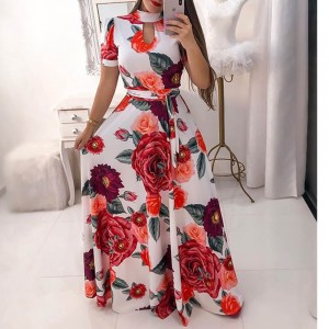 Short Sleeved Retro Floral Print Maxi Dress-White