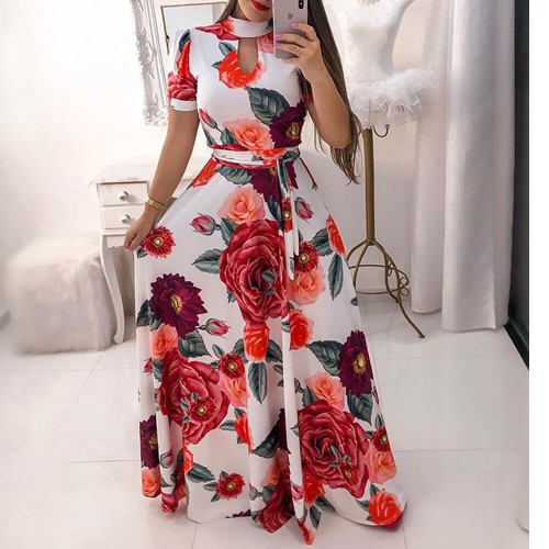 Short Sleeved Retro Floral Print Maxi Dress