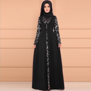 Arabic Elegant Style Long Sleeved Maxi Dress - Black