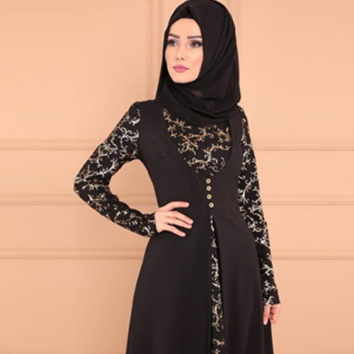 Arabic Elegant Style Long Sleeved Maxi Dress - Black image