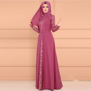 Arabic Elegant Style Long Sleeved Maxi Dress - Pink