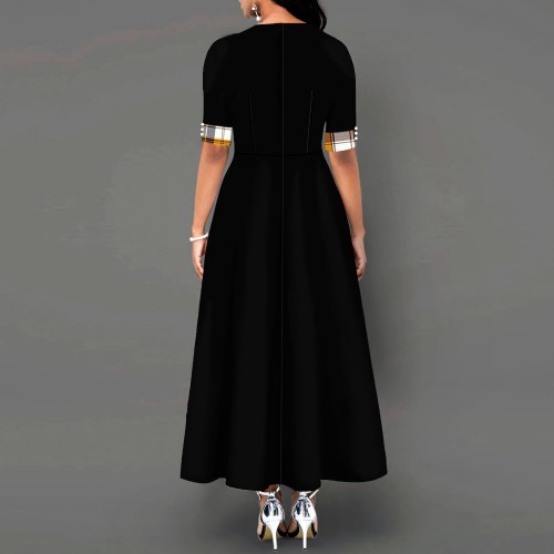 Buttoned Plaid Stitched Mid sleeve Long Dress - Black image