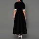 Buttoned Plaid Stitched Mid sleeve Long Dress - Black image