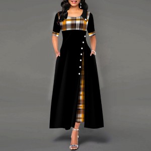 Buttoned Plaid Stitched Mid sleeve Long Dress - Black