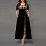 Buttoned Plaid Stitched Mid sleeve Long Dress - Black