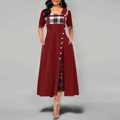 Buttoned Plaid Stitched Mid sleeve Long Dress - Red image