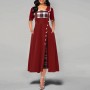 Buttoned Plaid Stitched Mid sleeve Long Dress - Red
